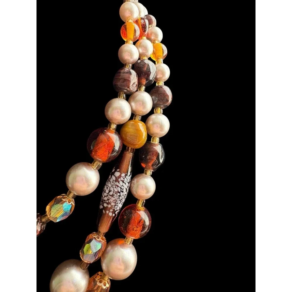 Vintage Signed Japan Three Strand Beaded Necklace Faux Pearl Lampwork Glass - Picture 2 of 7